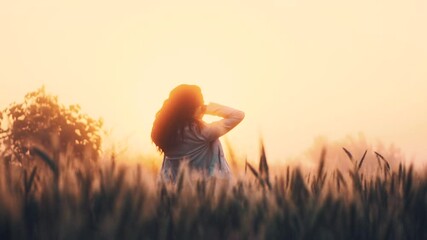 Young girl stands waist-deep in ears of wheat tosses her hair with both hands - Powered by Adobe