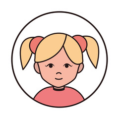 cute girl blonde with ponytails cartoon character, round line icon