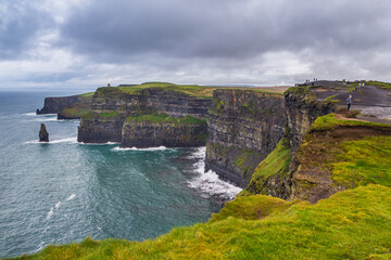 Aerial panorama of the scenic Cliffs of Moher in Ireland.