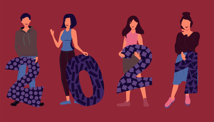  landing page with happy people or office workers, employees hold big numbers 2021. Christmas and Happy New Year 2021. Flat people are preparing for the holiday. Business concept for 2021.