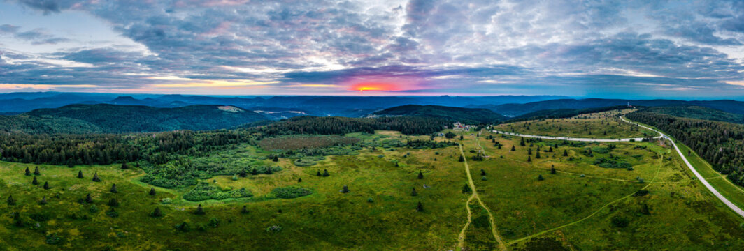 Sunset over the Vosges. Panoramic view from drone