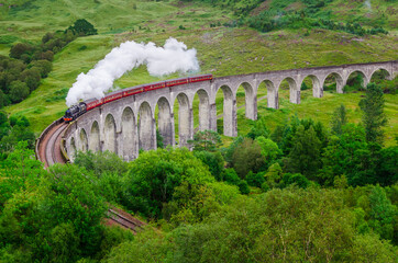 Detail of steam train on famous Glenfinnan viaduct, Scotland - obrazy, fototapety, plakaty