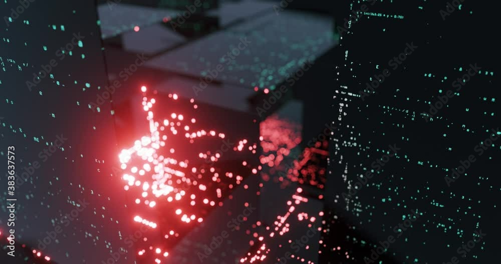 Poster Abstract panel with Python code decoding data stream. matrix city with projected data on glass screen. Big data and programming motion graphic for programmers, software developers. 3D render, 4K loop