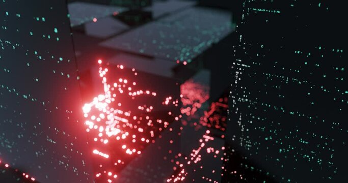 Abstract panel with Python code decoding data stream. matrix city with projected data on glass screen. Big data and programming motion graphic for programmers, software developers. 3D render, 4K loop