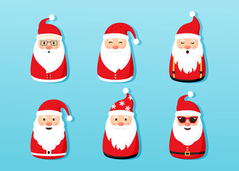 Obraz na płótnie Canvas Christmas Santa Claus vector icons, cartoon character, red Santa hat, New year cute collection, holiday winter illustration on blue background