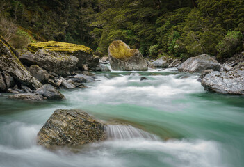 Epic river rapids with huge boulders in New Zealand
