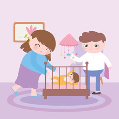 pregnancy and maternity, happy mom and dad with baby in crib