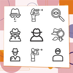 Simple set of 9 icons related to secret agent
