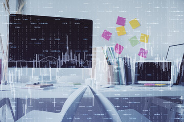 Double exposure of financial graph drawing and office interior background. Concept of stock market.