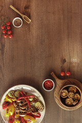 dishes and snacks of traditional Caucasian Georgian cuisine. classic national serving on a rustic wooden table