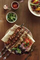 dishes and snacks of traditional Caucasian Georgian cuisine. classic national serving on a rustic wooden table