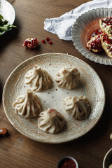 dishes and snacks of traditional Caucasian Georgian cuisine. classic national serving on a rustic wooden table