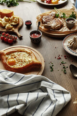 dishes and snacks of traditional Caucasian Georgian cuisine. classic national serving on a rustic wooden table