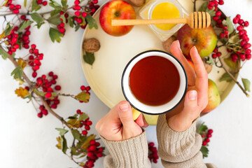Woman hands hold cup of hot spiced tea with honey, apples and red hawthorn berries on a tray. Flat lay