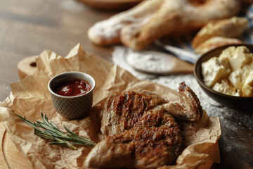 dishes and snacks of traditional Caucasian Georgian cuisine. classic national serving on a rustic wooden table
