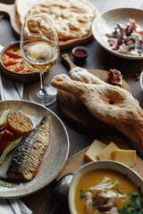 dishes and snacks of traditional Caucasian Georgian cuisine. classic national serving on a rustic wooden table