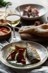 dishes and snacks of traditional Caucasian Georgian cuisine. classic national serving on a rustic wooden table