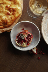 dishes and snacks of traditional Caucasian Georgian cuisine. classic national serving on a rustic wooden table