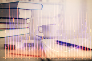 Naklejka na ściany i meble Double exposure of financial chart drawing and desktop with coffee and items on table background. Concept of forex market trading