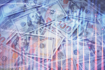 Double exposure of forex graph drawing over us dollars bill background. Concept of financial markets.