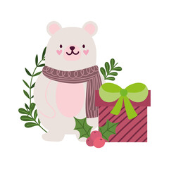 merry christmas, cute bear with scarf gift box and holly berry celebration, isolated design