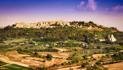 View of Montepulciano town and wine country landscape - obrazy, fototapety, plakaty
