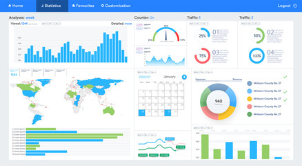 Obraz na płótnie Canvas Web dashboard, great design for any site purposes. Business infographic template. Analytics UX dashboard. Dashboard user admin panel template design White frames with statistics, calendar, forecast.