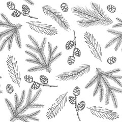 Xmas Seamless pattern with Christmas Tree Decorations, Pine Branches hand drawn art design vector illustration.