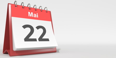 May 22 date written in German on the flip calendar page. 3d rendering