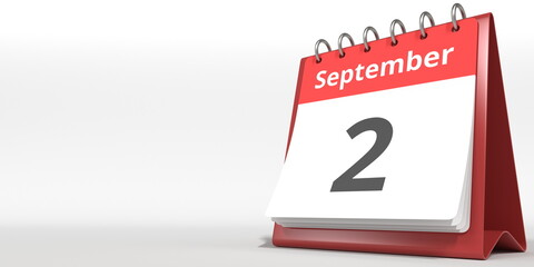 September 2 date on the flip calendar page, 3d rendering