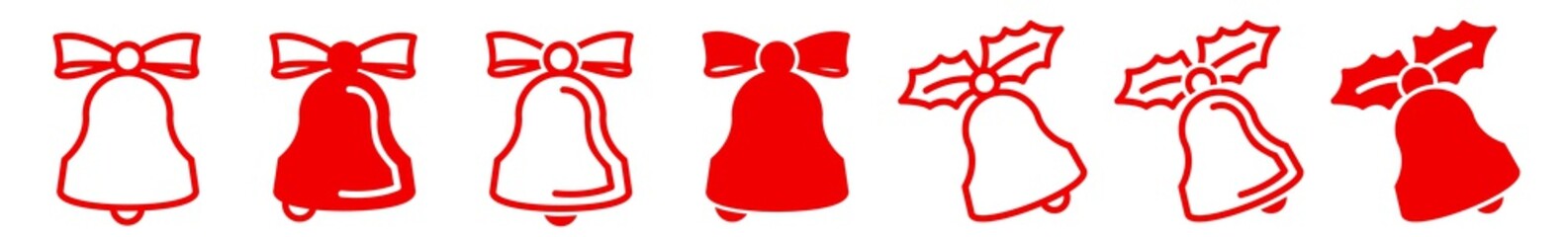 Christmas Bell Icon Red | Bow Holly Bells Illustration | Jingle Symbol | Ribbon Handbell Logo | Xmas Sign | Isolated | Variations