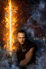 Wizardry, magic. Lone warrior with fire sword