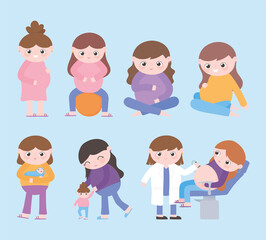 pregnancy and maternity, cartoon pregnant women babies kid and female doctor