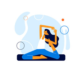 Modern vector sport illustration. Girl doing gymnastics at home.