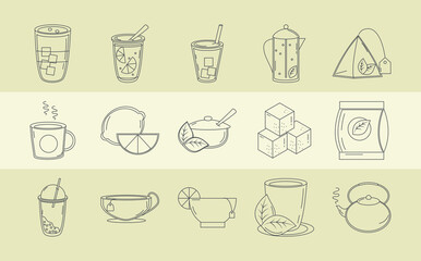 tea, beverage fresh herbal antioxidant set icons line style
