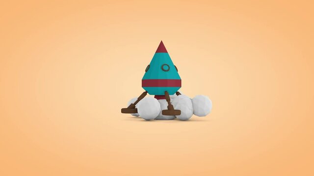 3D animation of a space rocket that makes a soft landing. Animation in a low-poly style.
