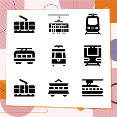 Simple set of 9 icons related to tram