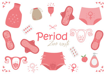 Menstrual period. Various female hygiene product. Set of hand drawn zero waste objects: menstrual cup, reusable pads, panties, hot water bottle, uterus. Eco protection for woman in critical days.