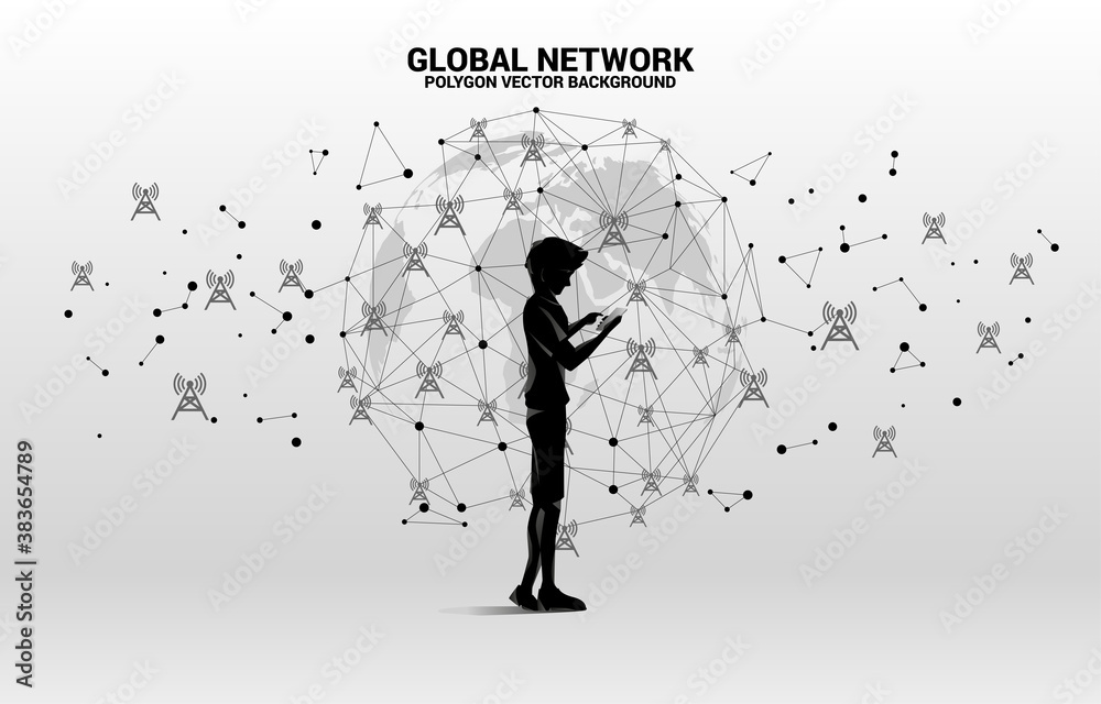 Poster Silhouette of man use mobile phone with Polygon dot connect line with antenna tower icon around world map globe. Concept for mobile phone data sim card technology.
