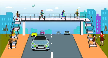 footbridge, overpass, children using pedestrian crossing. underpass. traffic education. traffic rules for children. Traffic signs. bridge