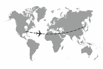 The plane and its track on the world map. Travel to World. Hand drawn plane and its track on the world map. The airplane is in a dotted line. The waypoint is for a tourist trip. and his track. Vector 