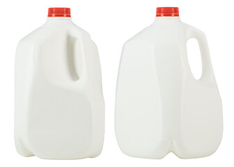 Gallon of Whole Milk with Red Plastic Cap Isolated on White Background. Two white plastic bottles...