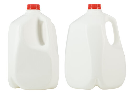 Gallon of Whole Milk with Red Plastic Cap Isolated on White Background. Two white plastic bottles per one gallon each. 1 gallon or 3.78 liter. High resolution photo.