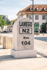 travel to portugal. the city of Lamego. mark of 104 kilometers on the national route N2