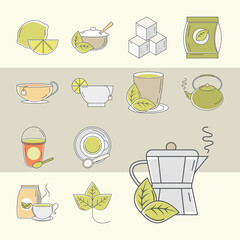 Fototapeta na wymiar tea, set of icons lime teapot sugar cups leaf, line and fill style