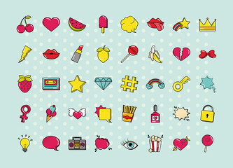 pop art comic style, funny fashion stickers kit, flat icons set