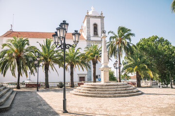 Fototapeta na wymiar beautiful church built of stone. Church with a bell tower. and a small park with palm trees. Church in Portugal