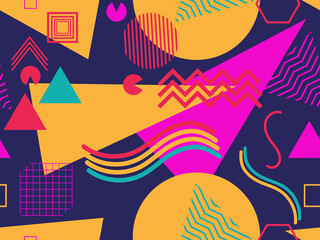 Obraz premium Seamless pattern with geometric shapes in the style of the 80s. Trendy retro background for printing on paper, advertising materials and fabric. Vector illustration