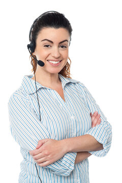 Confident call center operator in headset