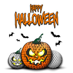 Happy Halloween. Template golf design. Golf balls in the form of a pumpkins on an isolated background. Pattern for banner, poster, greeting card, flyer, party invitation. Vector illustration